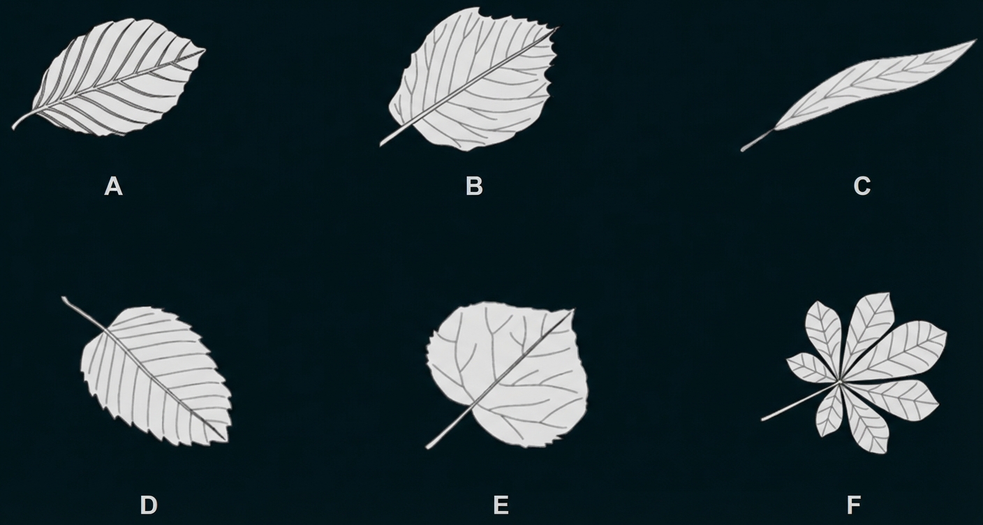 Sechs skizzierte Blätter in Graustufen, jeweils mit Beschriftung A bis F.